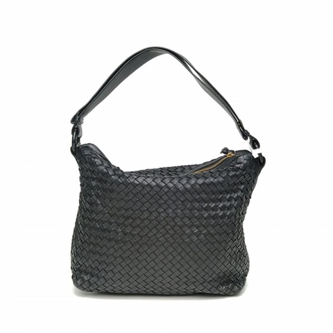 BOTTEGA VENETA 黑色羊皮金扣經典編織寬肩帶單肩包