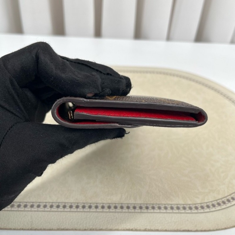 LV路易威登 經典老花搭配豆豆長款信封錢包 紅色內裡 內裡整潔 卡位多 容量大-11