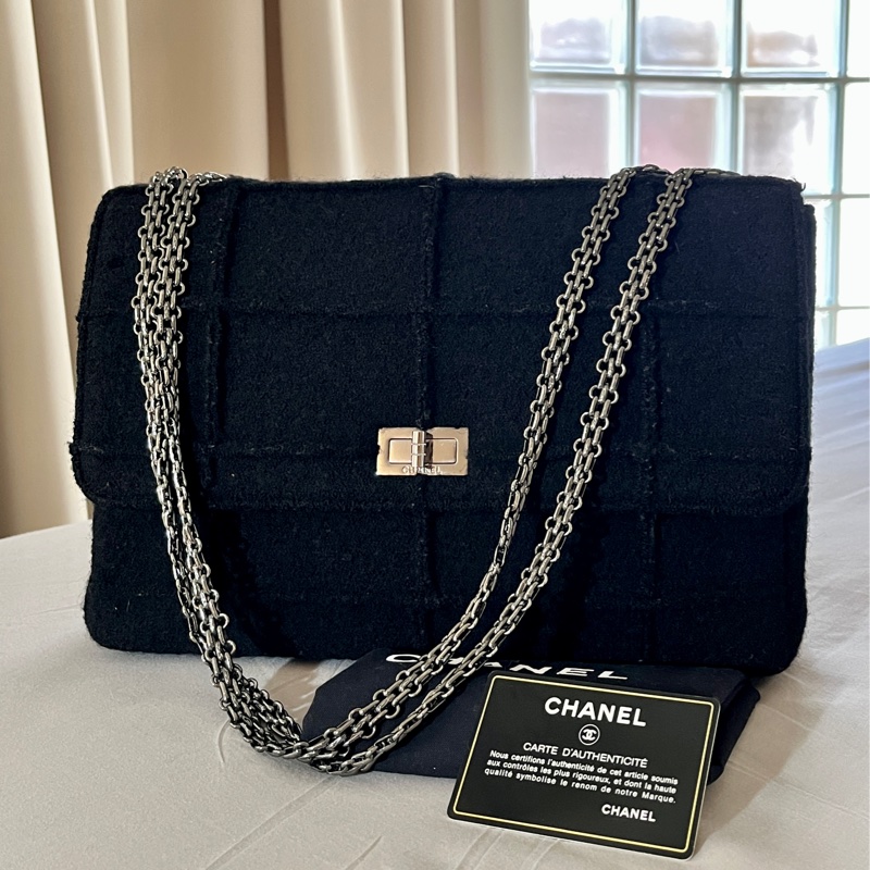 CHANEL 香奈兒 2.55 中古包 冰格 經典銀鏈羊毛方格紋 百搭大方通勤包-0
