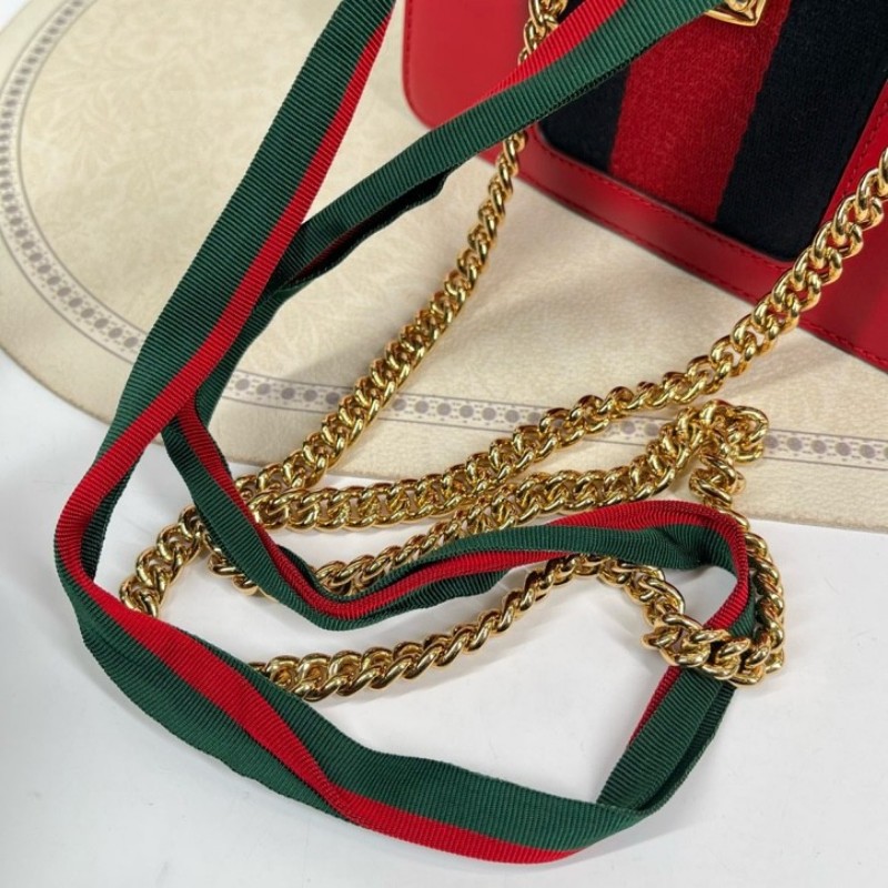 GUCCI古馳 塞爾維亞單肩包 牛皮材質 搭配經典紅綠條紋織帶和金色鏈條 金色五金配件 適合日常搭配-14