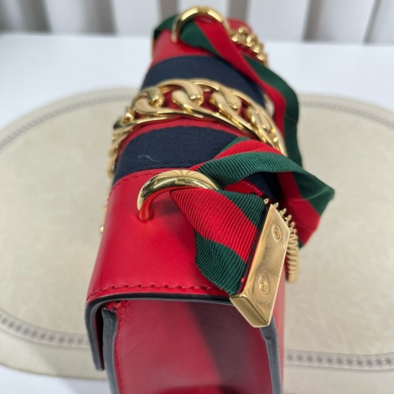 GUCCI古馳 塞爾維亞單肩包 牛皮材質 搭配經典紅綠條紋織帶和金色鏈條 金色五金配件 適合日常搭配-21