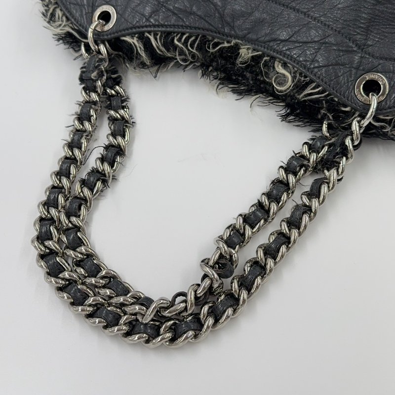 CHANEL炭灰色羊皮拚毛呢肩背包A49559-7