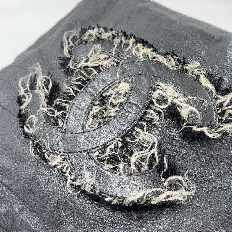 CHANEL炭灰色羊皮拚毛呢肩背包A49559-10