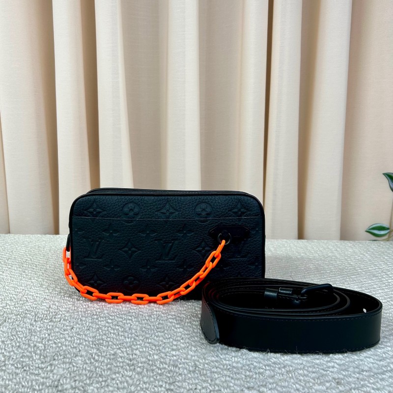 LV路易威登黑色全皮浮雕TRUNK VIRGIL橙色鏈條腰包斜挎包 經典老花元素 可作胸包-0
