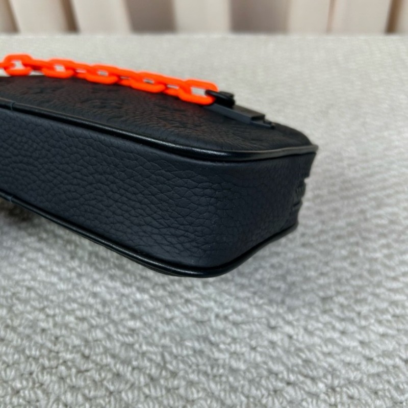 LV路易威登黑色全皮浮雕TRUNK VIRGIL橙色鏈條腰包斜挎包 經典老花元素 可作胸包-7