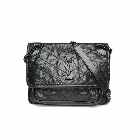 SAINT LAURENT NikiMini21黑色牛皮黑扣肩背包