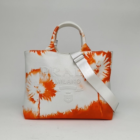 PRADA 拼色帆布紮染印花托特包購物袋肩背包