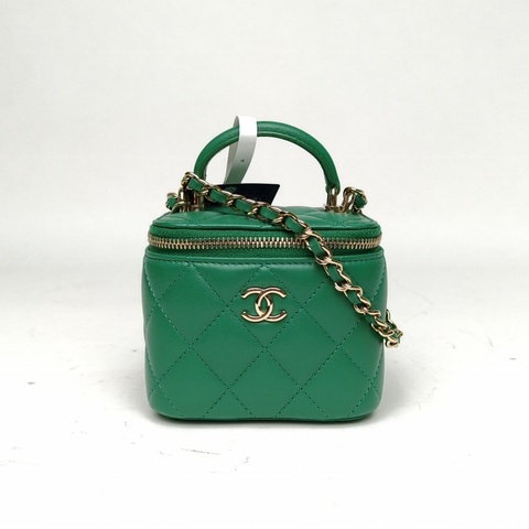 CHANEL 手提方盒子化妝包帶鏡子10cm綠色羊皮鐳射標肩背包