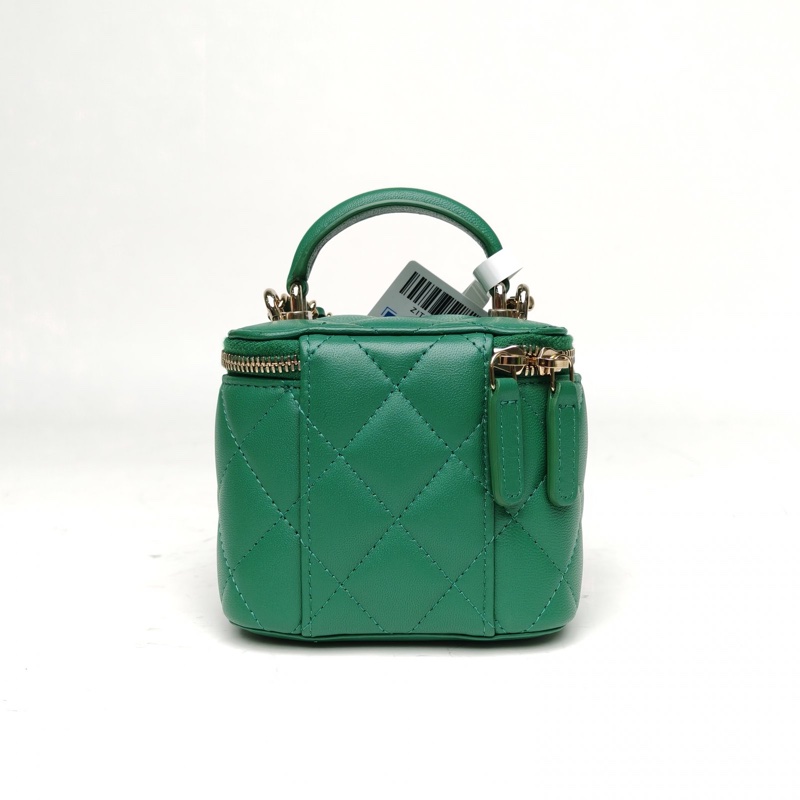 CHANEL 手提方盒子化妝包帶鏡子10cm綠色羊皮鐳射標肩背包-2