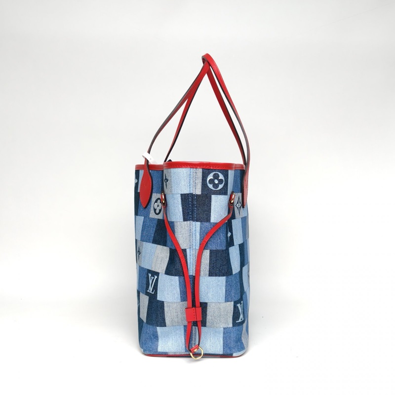 LOUIS VUITTON 牛仔藍金扣2019Neverfull中號31有子袋肩背包-1