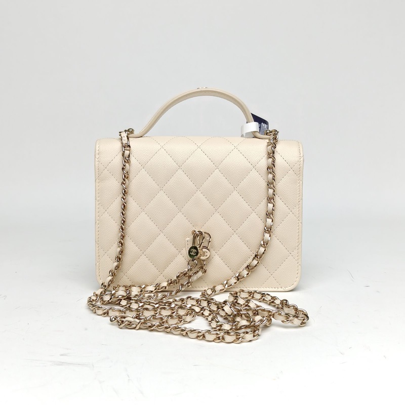 CHANEL 25C風琴包米白色荔枝牛皮淺金扣菱格紋肩背包-2