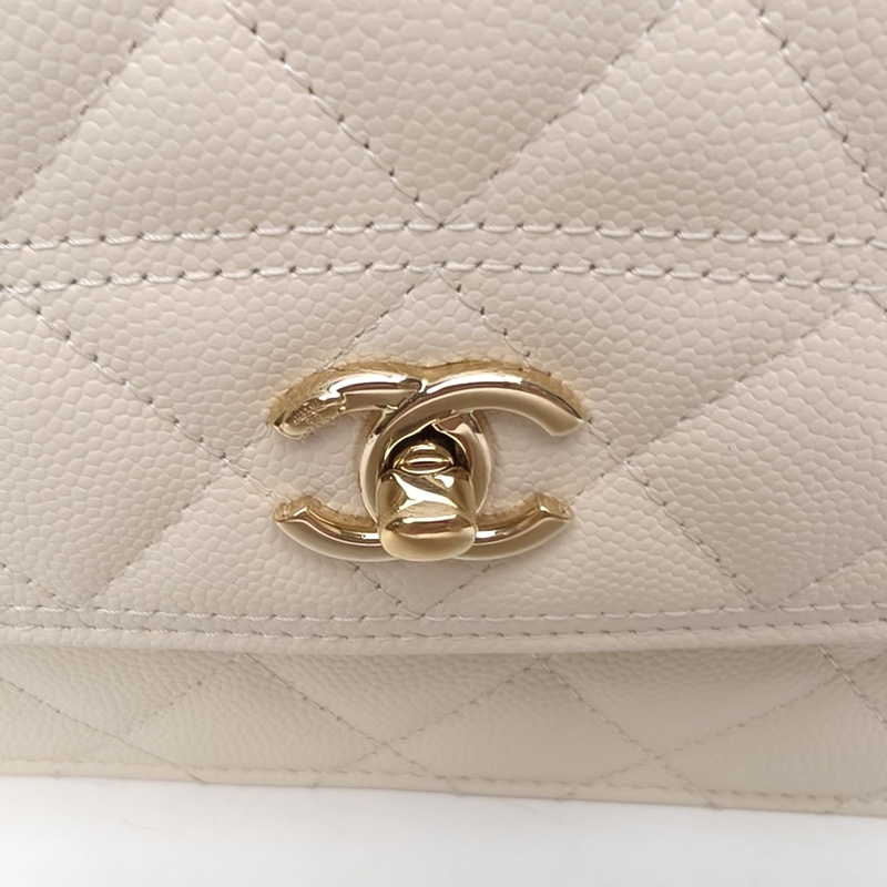CHANEL 25C風琴包米白色荔枝牛皮淺金扣菱格紋肩背包-4
