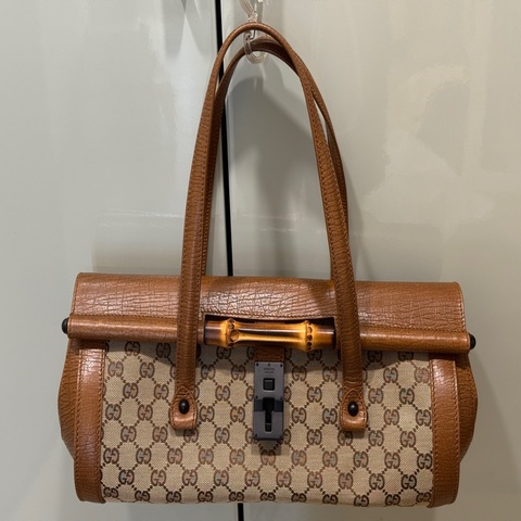 Gucci 駝緹花竹節下蓋手提包