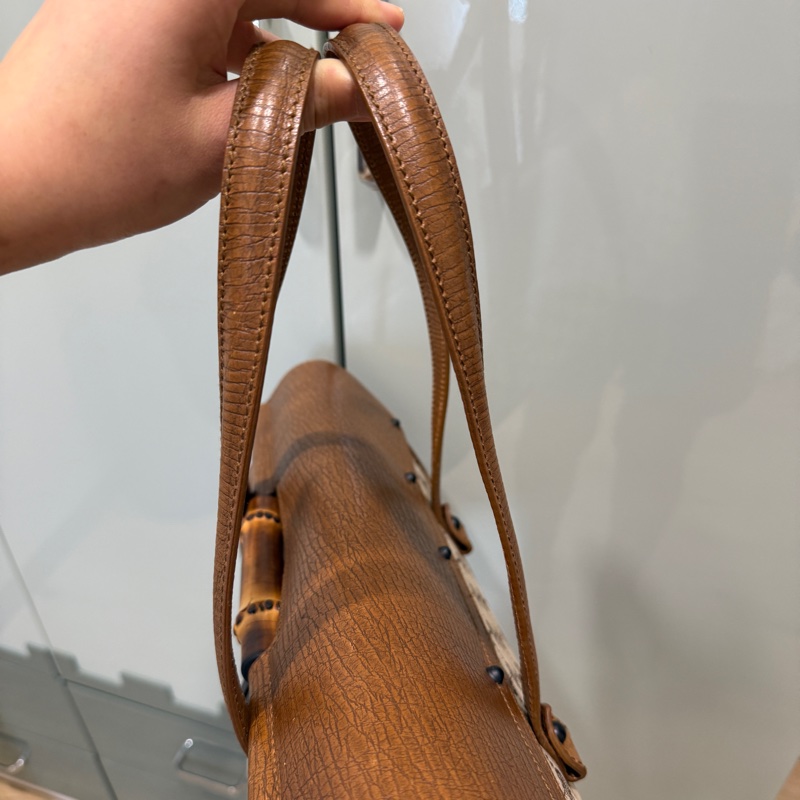 Gucci 駝緹花竹節下蓋手提包-2