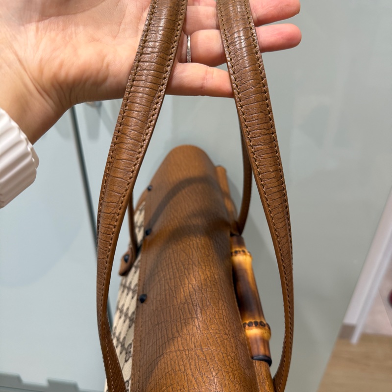 Gucci 駝緹花竹節下蓋手提包-3