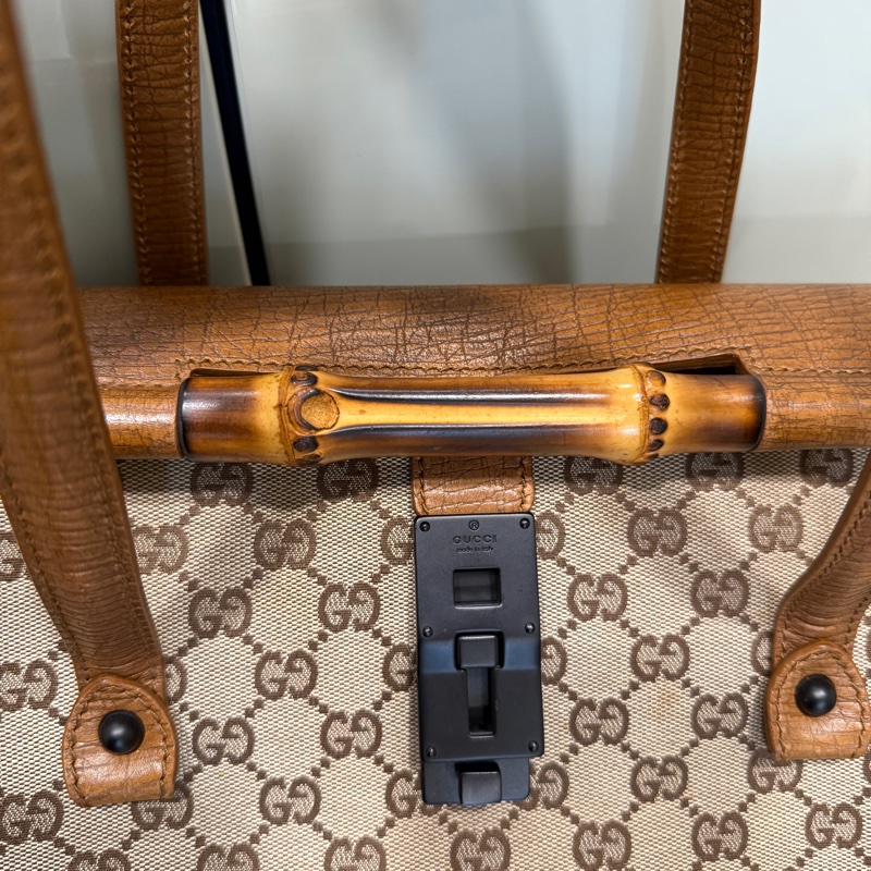 Gucci 駝緹花竹節下蓋手提包-5