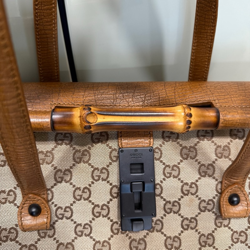 Gucci 駝緹花竹節下蓋手提包-19