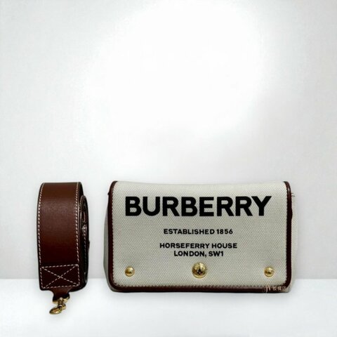JS0569-BURBERRY 帆布拚咖色皮革Horseferry側背包