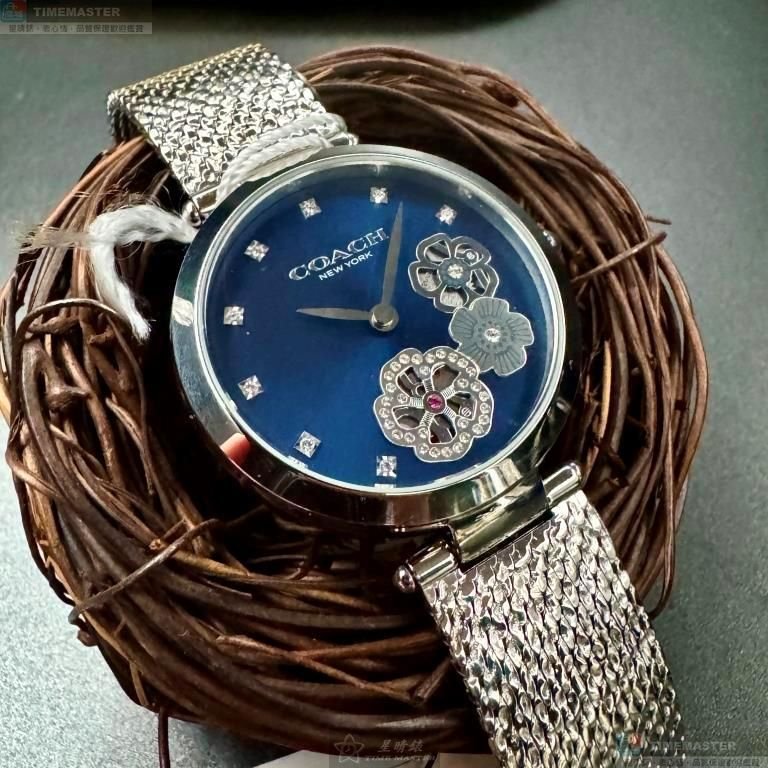 COACH手錶,編號CH00260,34mm銀圓形精鋼錶殼,銀色, 寶藍色中二針顯示, 山茶花鑽圈錶面,銀色米蘭錶帶款-1