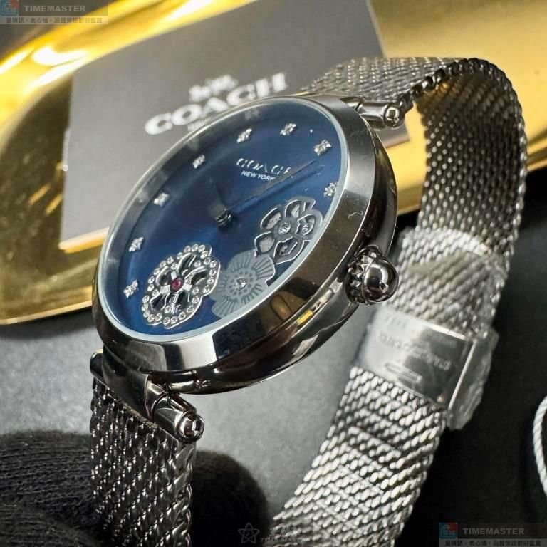 COACH手錶,編號CH00260,34mm銀圓形精鋼錶殼,銀色, 寶藍色中二針顯示, 山茶花鑽圈錶面,銀色米蘭錶帶款-8
