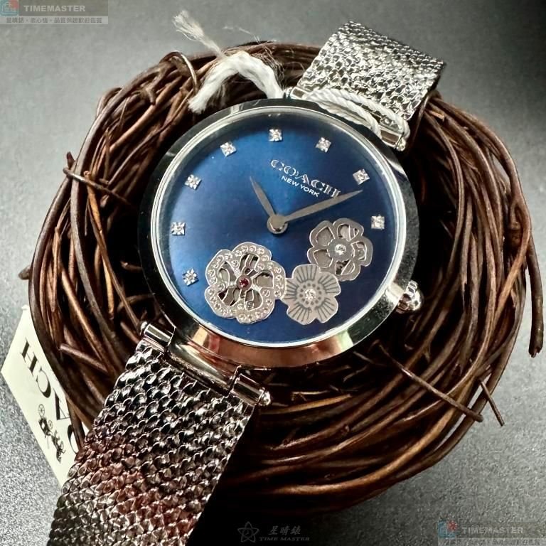 COACH手錶,編號CH00260,34mm銀圓形精鋼錶殼,銀色, 寶藍色中二針顯示, 山茶花鑽圈錶面,銀色米蘭錶帶款-12