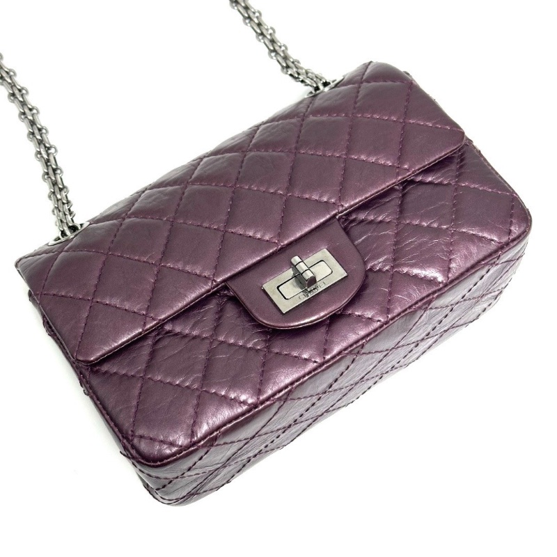 CHANEL 珠光紫銀扣2.55大mini肩背斜背包20*13*8 98新配件塵袋-4