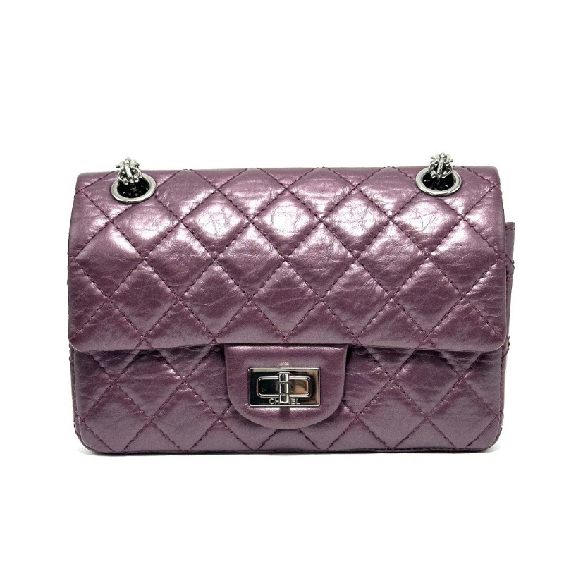 CHANEL 珠光紫銀扣2.55大mini肩背斜背包20*13*8 98新配件塵袋-5