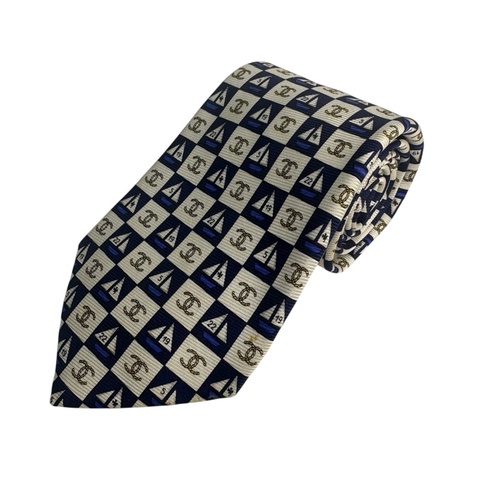 Chanel 帆船雙C 領帶 領結 絲綢 義大利製（中古）