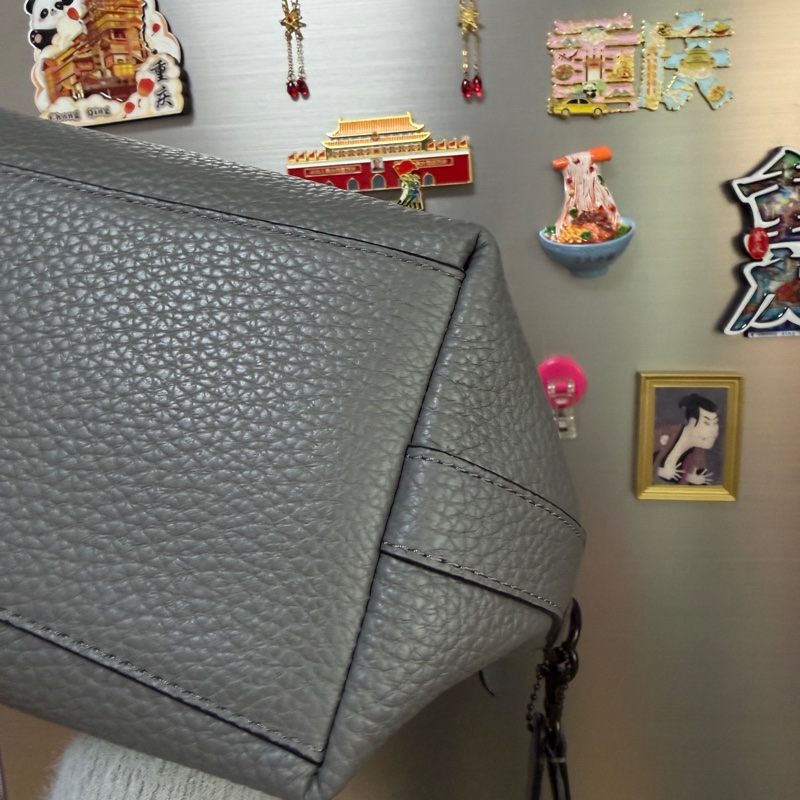 Coach 灰牛皮銀黑釦一字拉斜背包-9