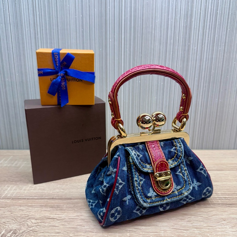 LV 2005年稀有限量丹寧牛仔蛙口鱷魚皮革是手提包-0