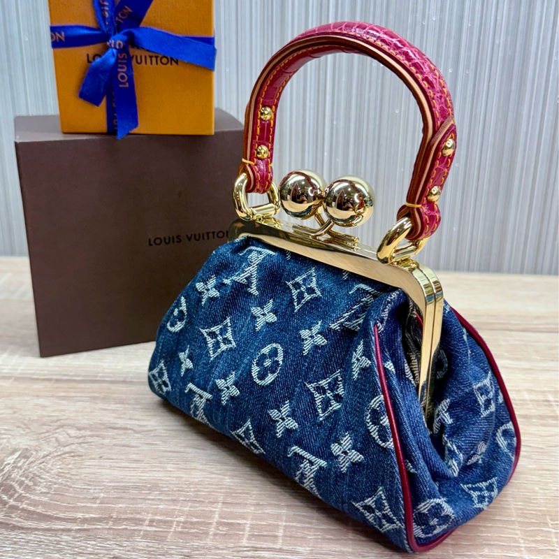 LV 2005年稀有限量丹寧牛仔蛙口鱷魚皮革是手提包-3