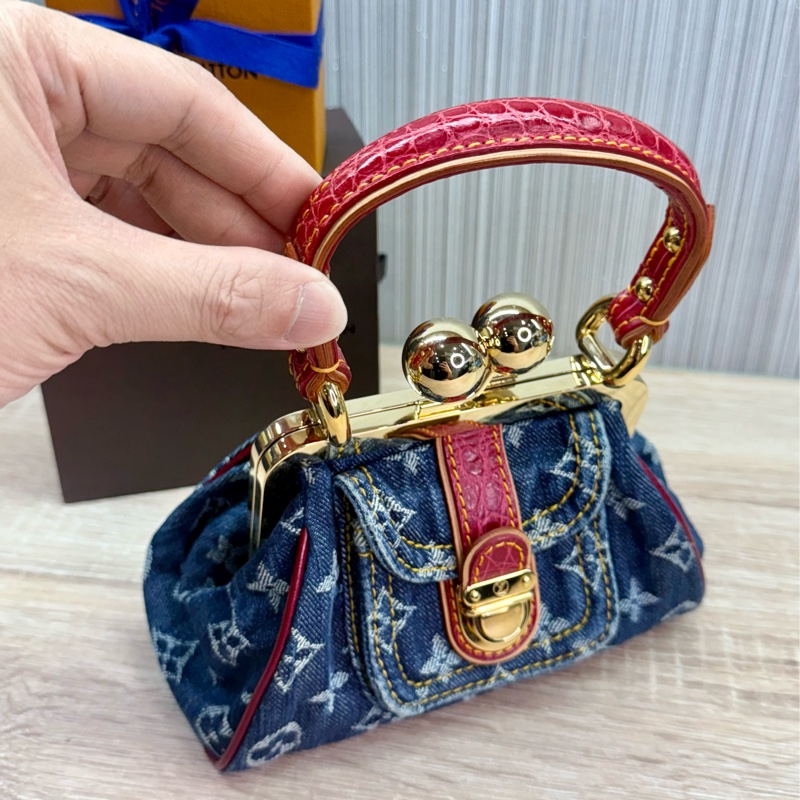 LV 2005年稀有限量丹寧牛仔蛙口鱷魚皮革是手提包-4