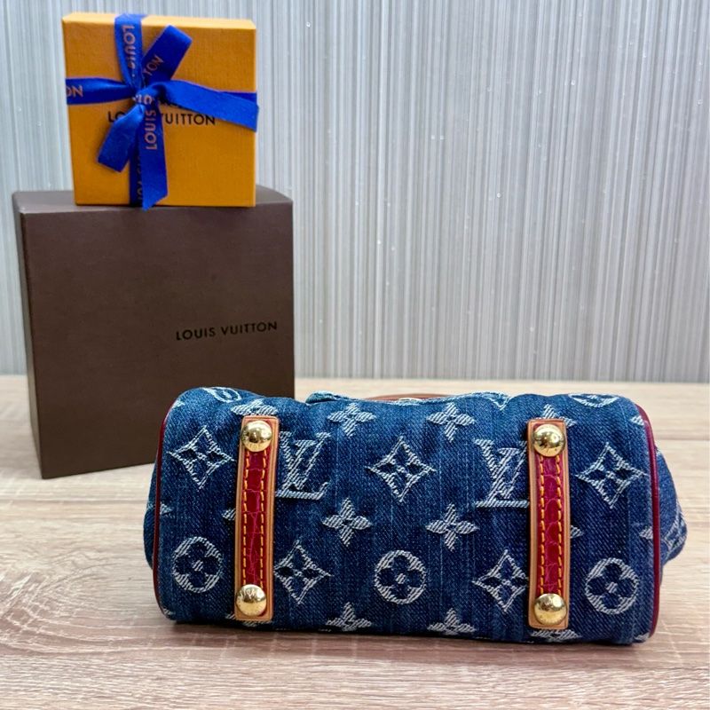 LV 2005年稀有限量丹寧牛仔蛙口鱷魚皮革是手提包-6