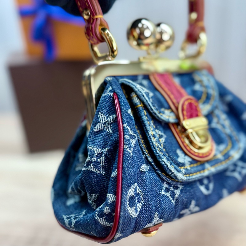 LV 2005年稀有限量丹寧牛仔蛙口鱷魚皮革是手提包-9