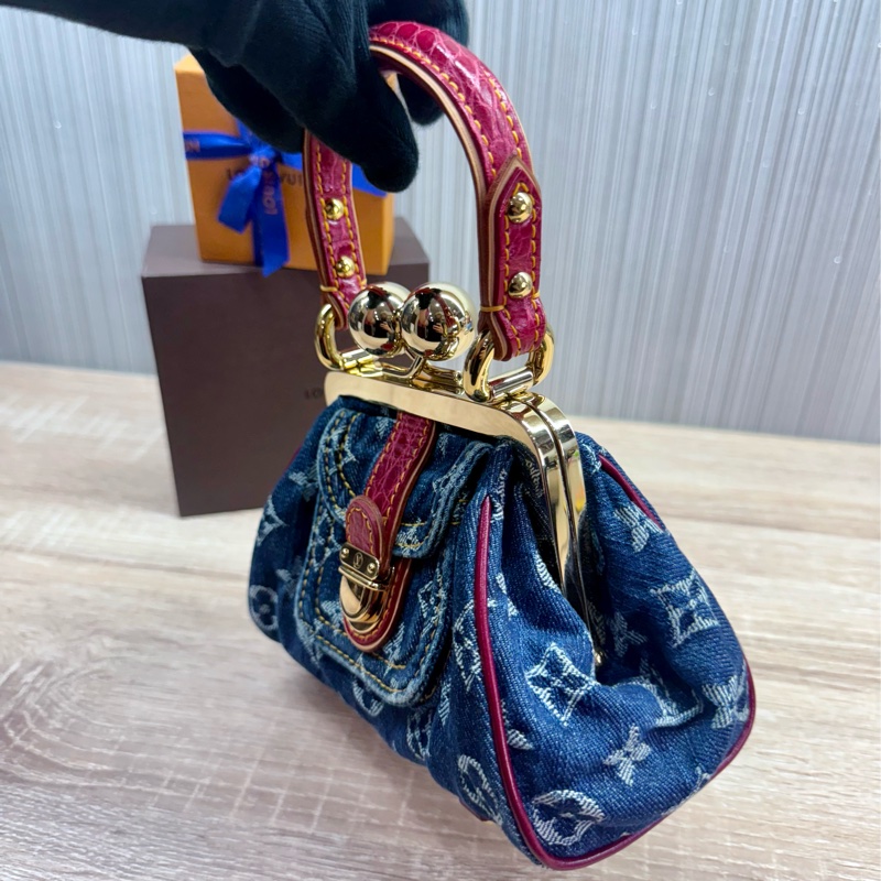 LV 2005年稀有限量丹寧牛仔蛙口鱷魚皮革是手提包-13