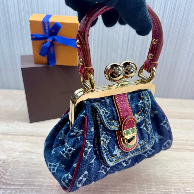 LV 2005年稀有限量丹寧牛仔蛙口鱷魚皮革是手提包-14