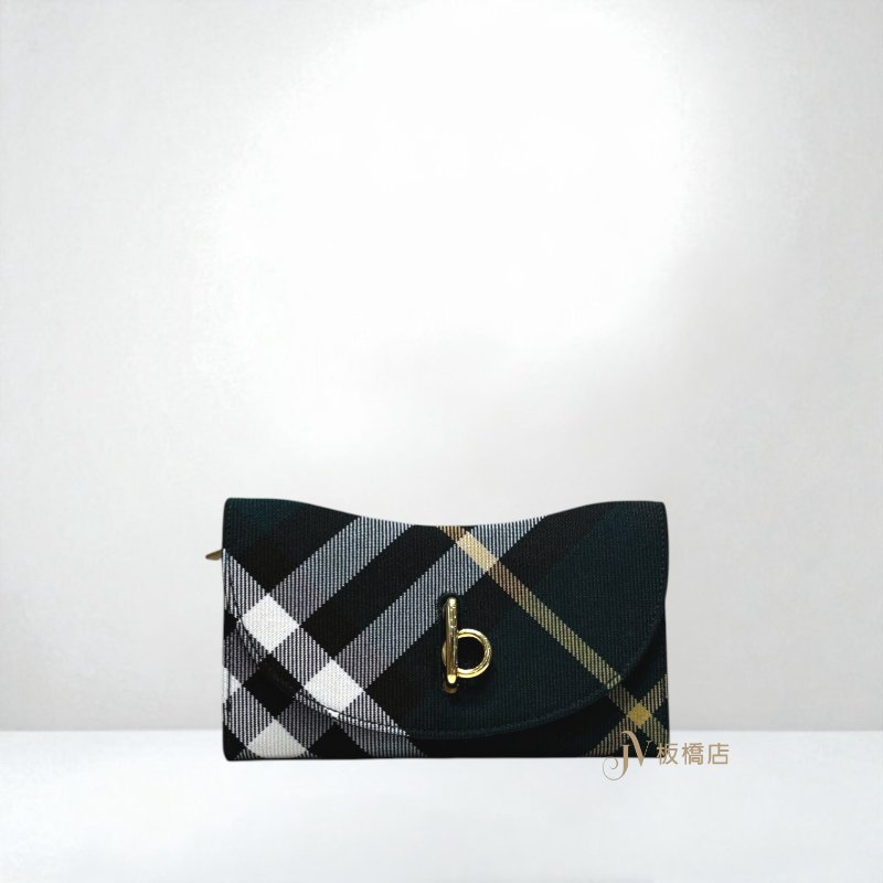 JY0328-Burberry 綠色菱格紋金釦下蓋長夾-1