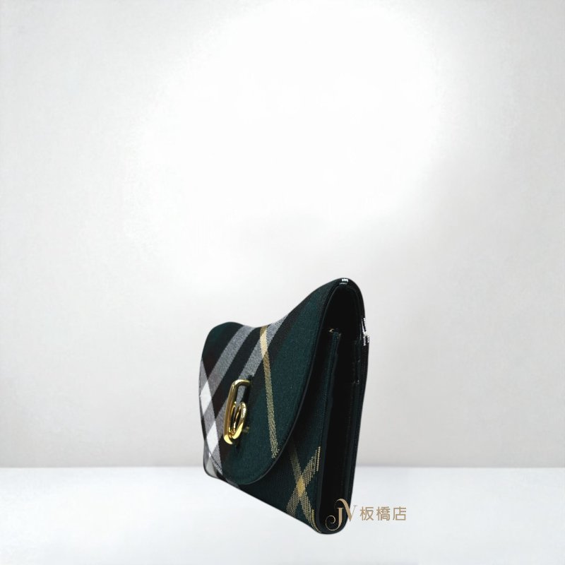 JY0328-Burberry 綠色菱格紋金釦下蓋長夾-3