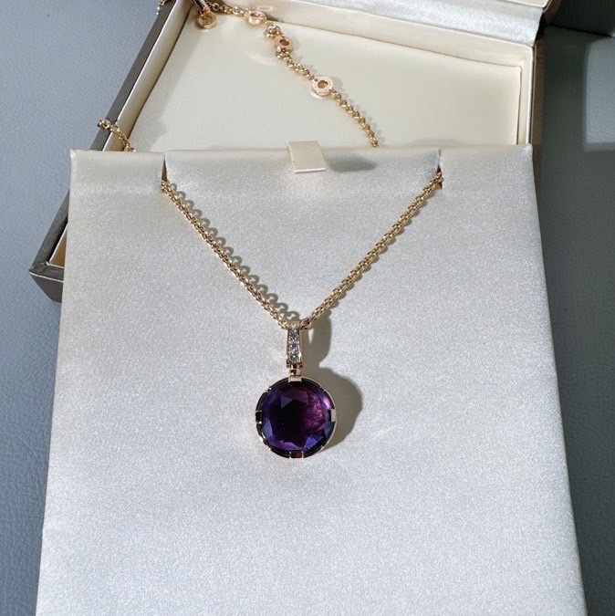 Bvlgari寶格麗18k玫瑰金紫水晶鑽石項鍊寶石吊墜，上身超美-5