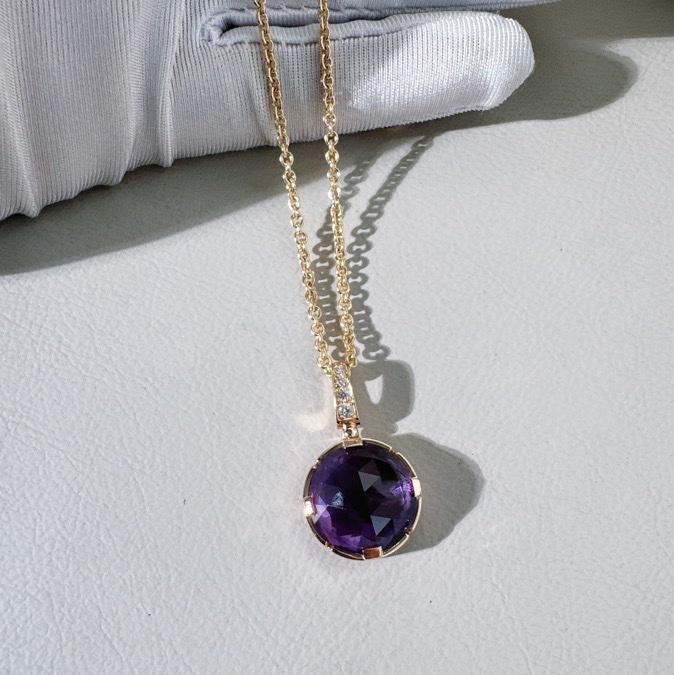Bvlgari寶格麗18k玫瑰金紫水晶鑽石項鍊寶石吊墜，上身超美-6