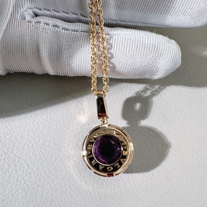 Bvlgari寶格麗18k玫瑰金紫水晶鑽石項鍊寶石吊墜，上身超美-7