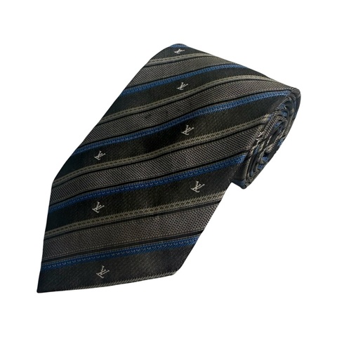 Louis Vuitton 深灰底藍色條紋LV LOGO 領帶 領結 絲綢 （中古）