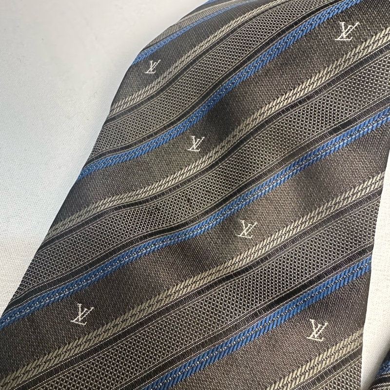 Louis Vuitton 深灰底藍色條紋LV LOGO 領帶 領結 絲綢 （中古）-3