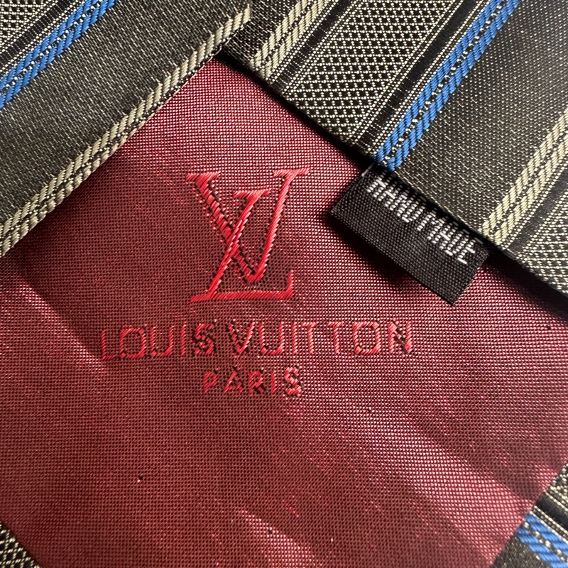 Louis Vuitton 深灰底藍色條紋LV LOGO 領帶 領結 絲綢 （中古）-4