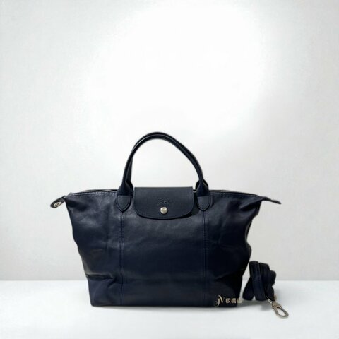 JY0365-Longchamp Le Pliage Cuir深藍色小羊皮手提肩背包