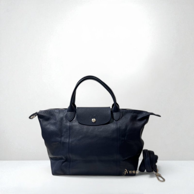 JY0365-Longchamp Le Pliage Cuir深藍色小羊皮手提肩背包-0