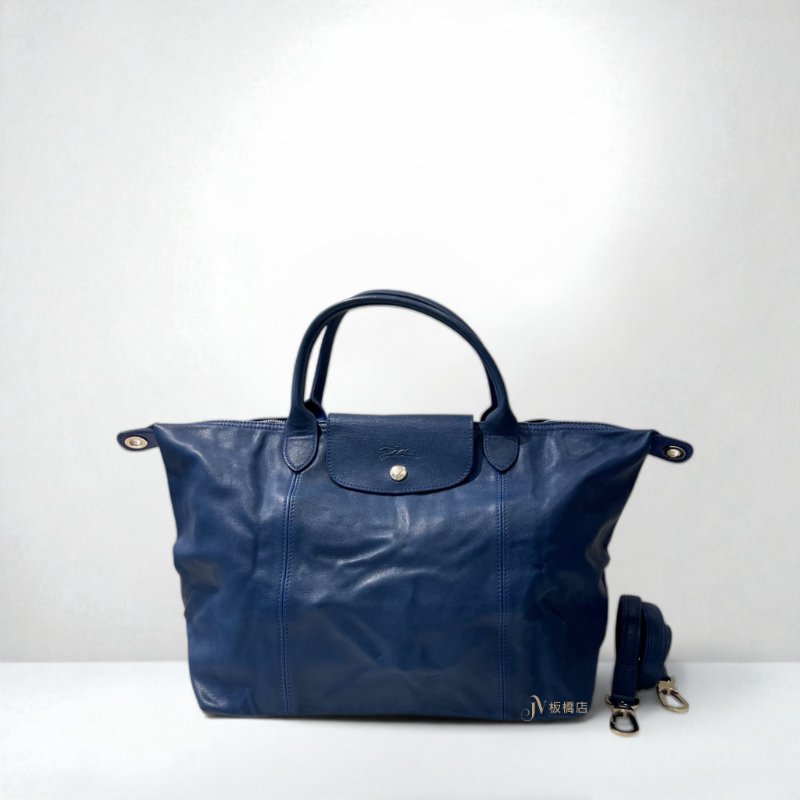 JY0366-Longchamp Le Pliage Cuir藍色小羊皮手提肩背包-0