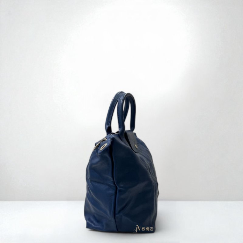 JY0366-Longchamp Le Pliage Cuir藍色小羊皮手提肩背包-1