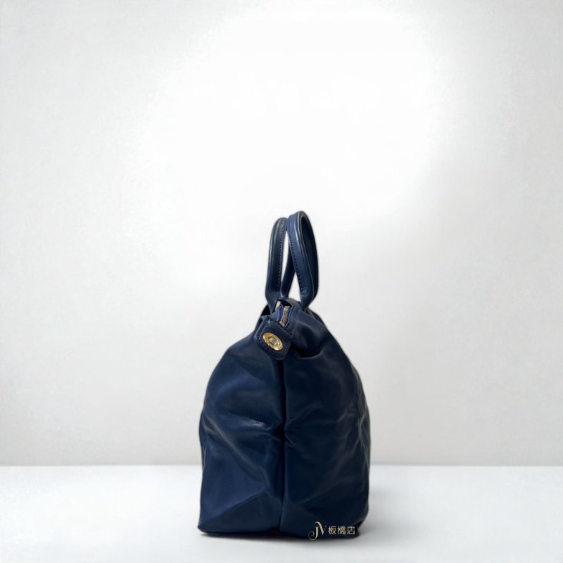 JY0366-Longchamp Le Pliage Cuir藍色小羊皮手提肩背包-2