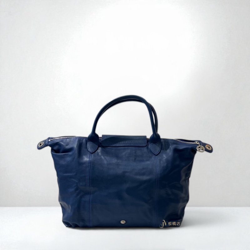 JY0366-Longchamp Le Pliage Cuir藍色小羊皮手提肩背包-3